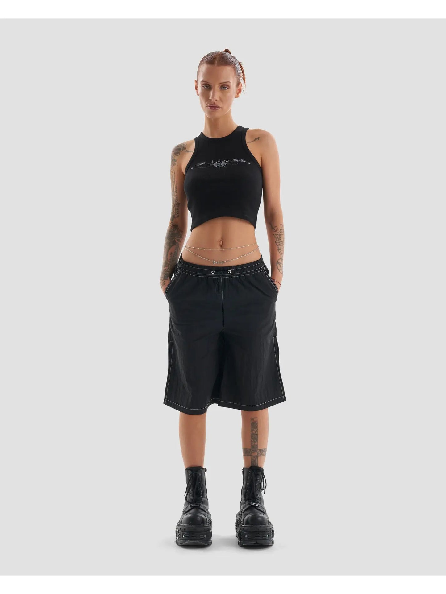 Play Harder Crop Tank Top with Tattoo Graphic in Black