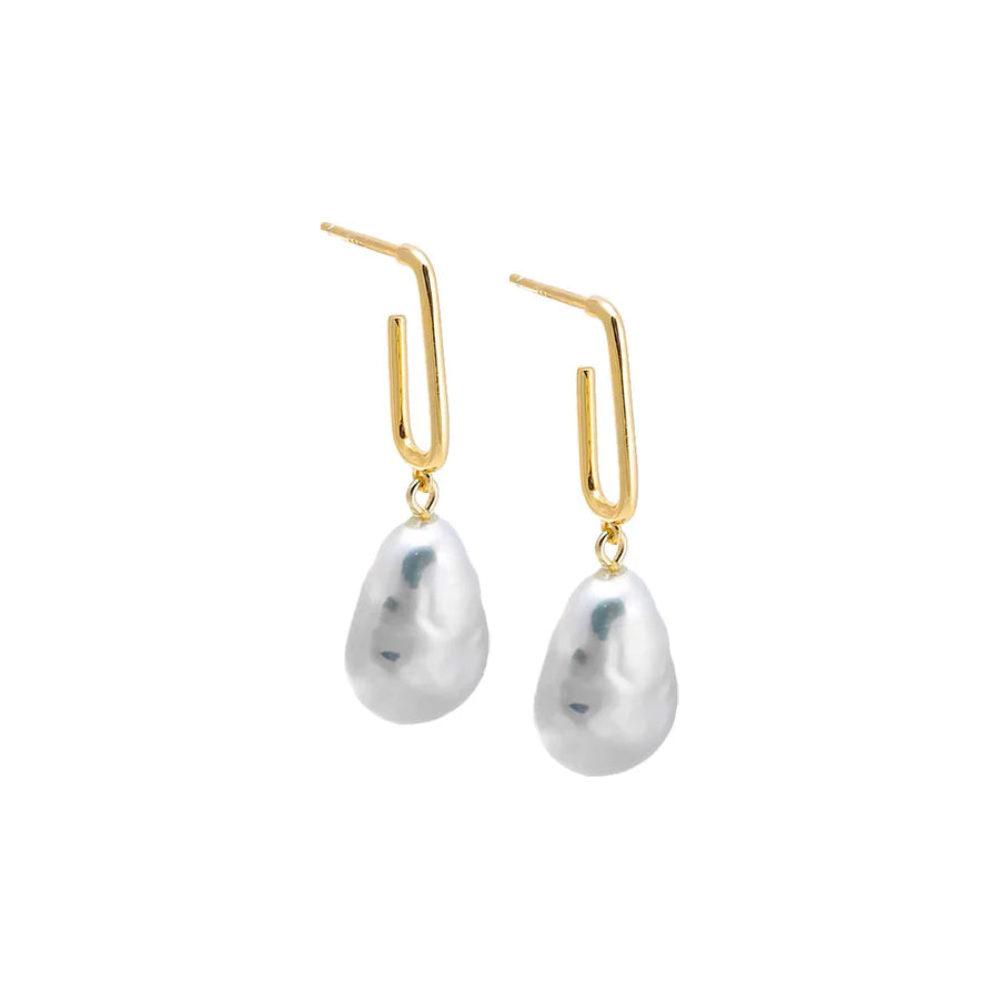 Open Oval Shape Dangling Pearl Hoop Earring