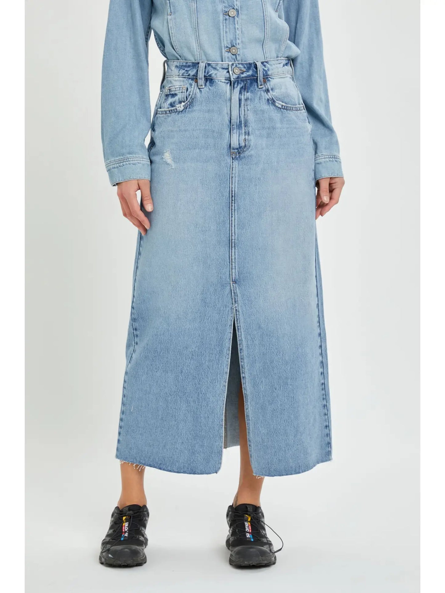 Light Wash High Waist Classic Midi Skirt