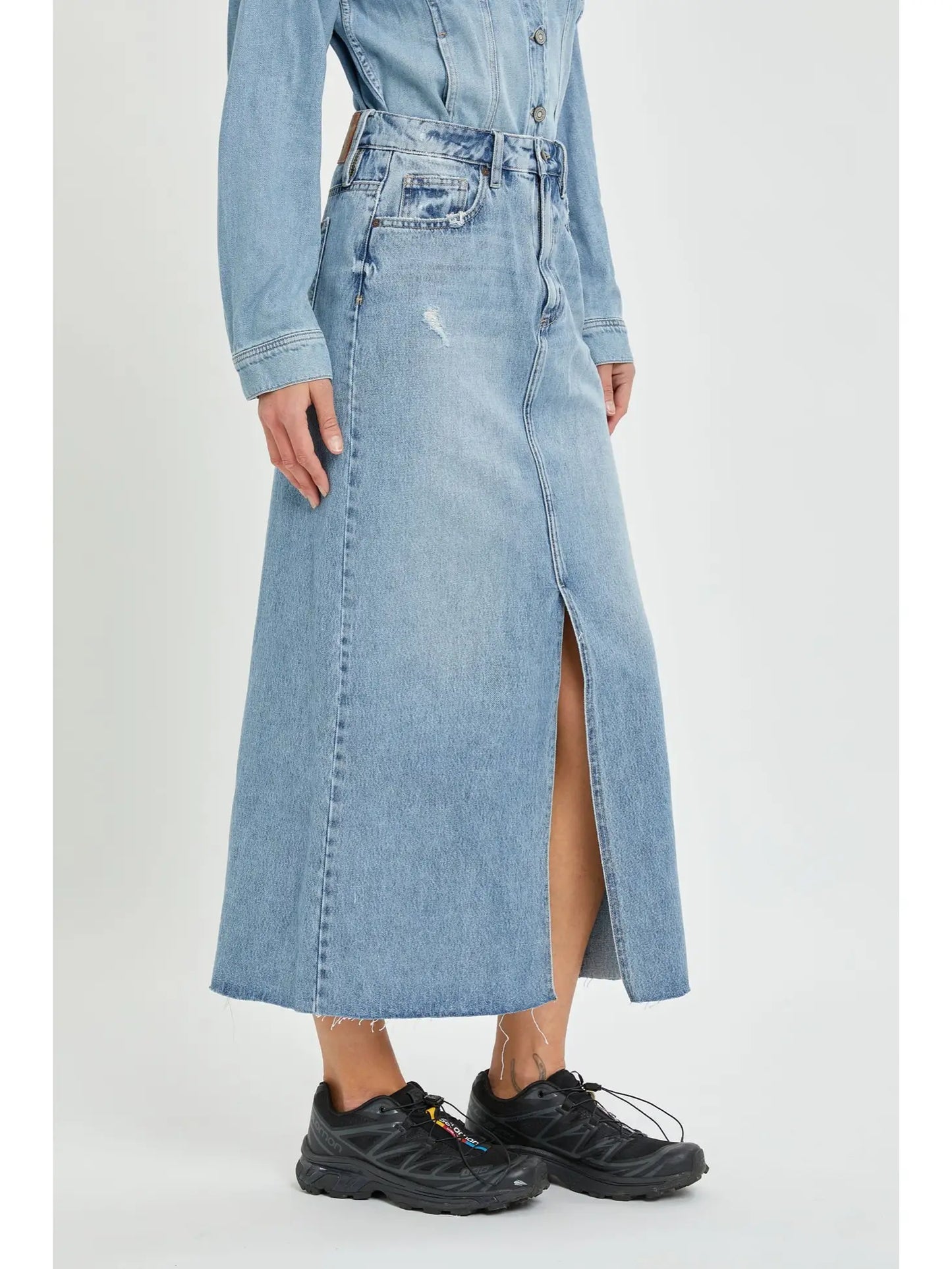 Light Wash High Waist Classic Midi Skirt