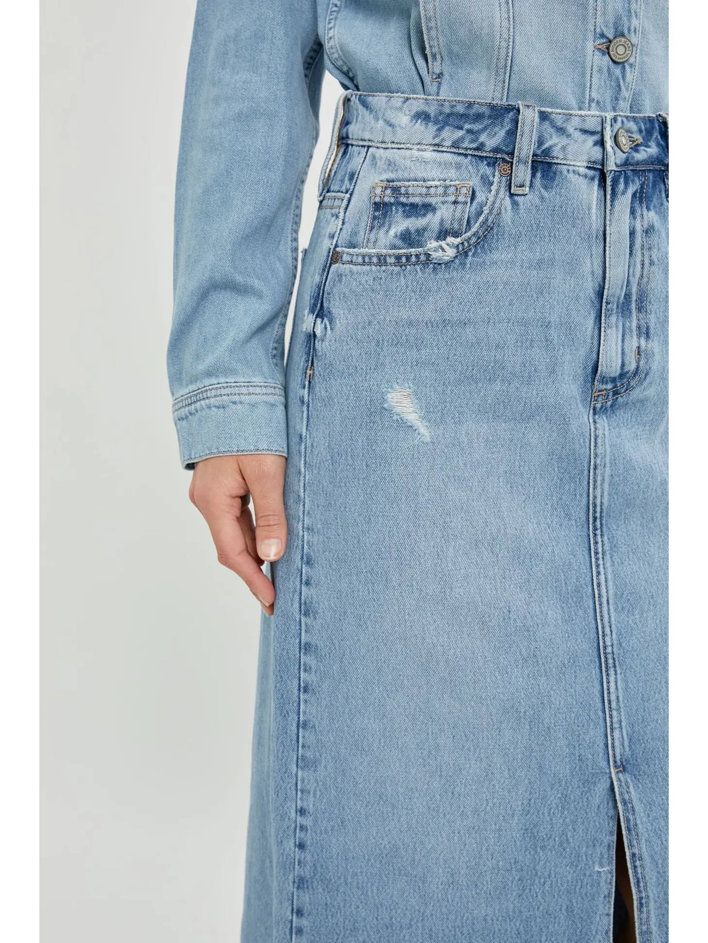 Light Wash High Waist Classic Midi Skirt