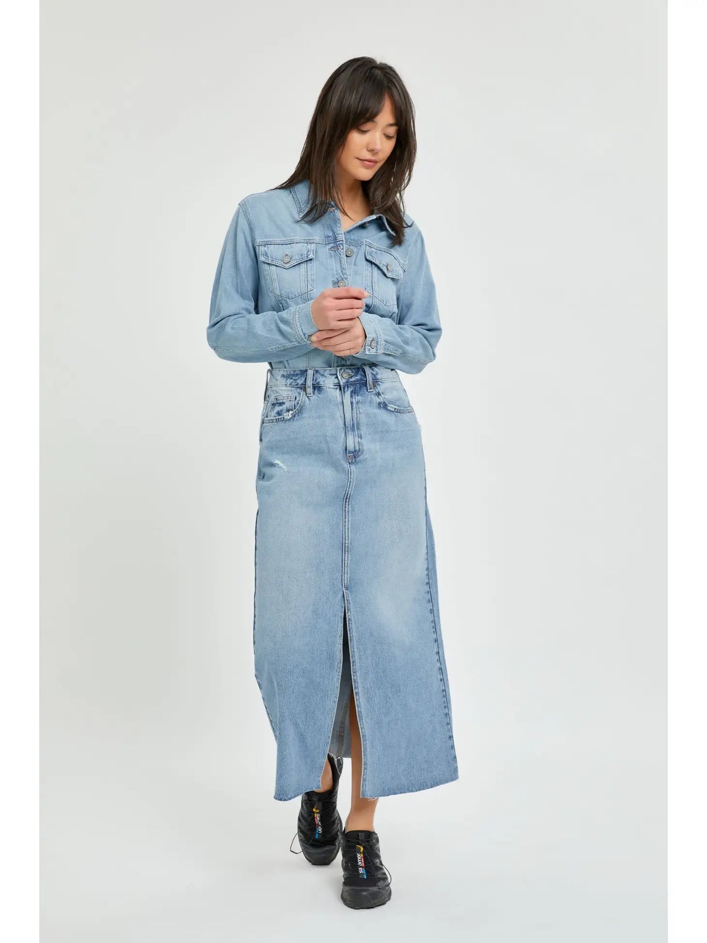 Light Wash High Waist Classic Midi Skirt