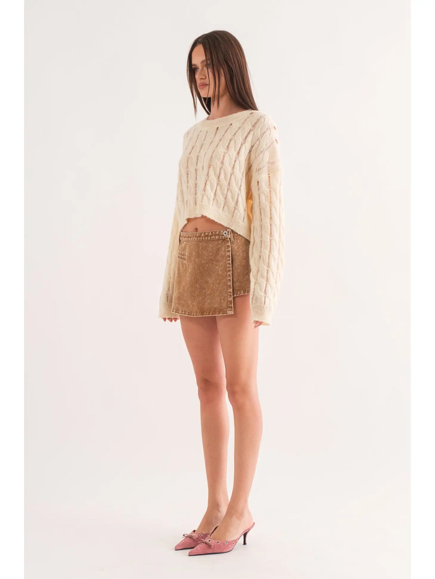 Adrian Cropped Cable Knit Sweater- Ivory