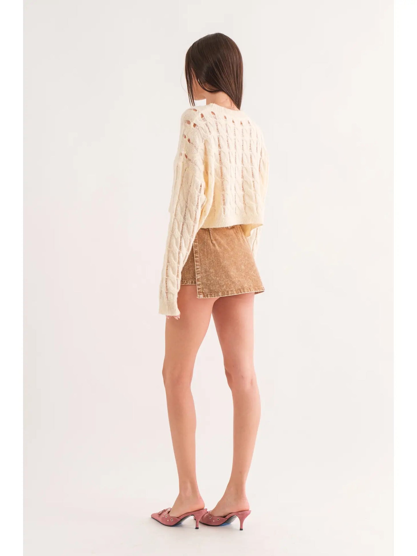 Adrian Cropped Cable Knit Sweater- Ivory