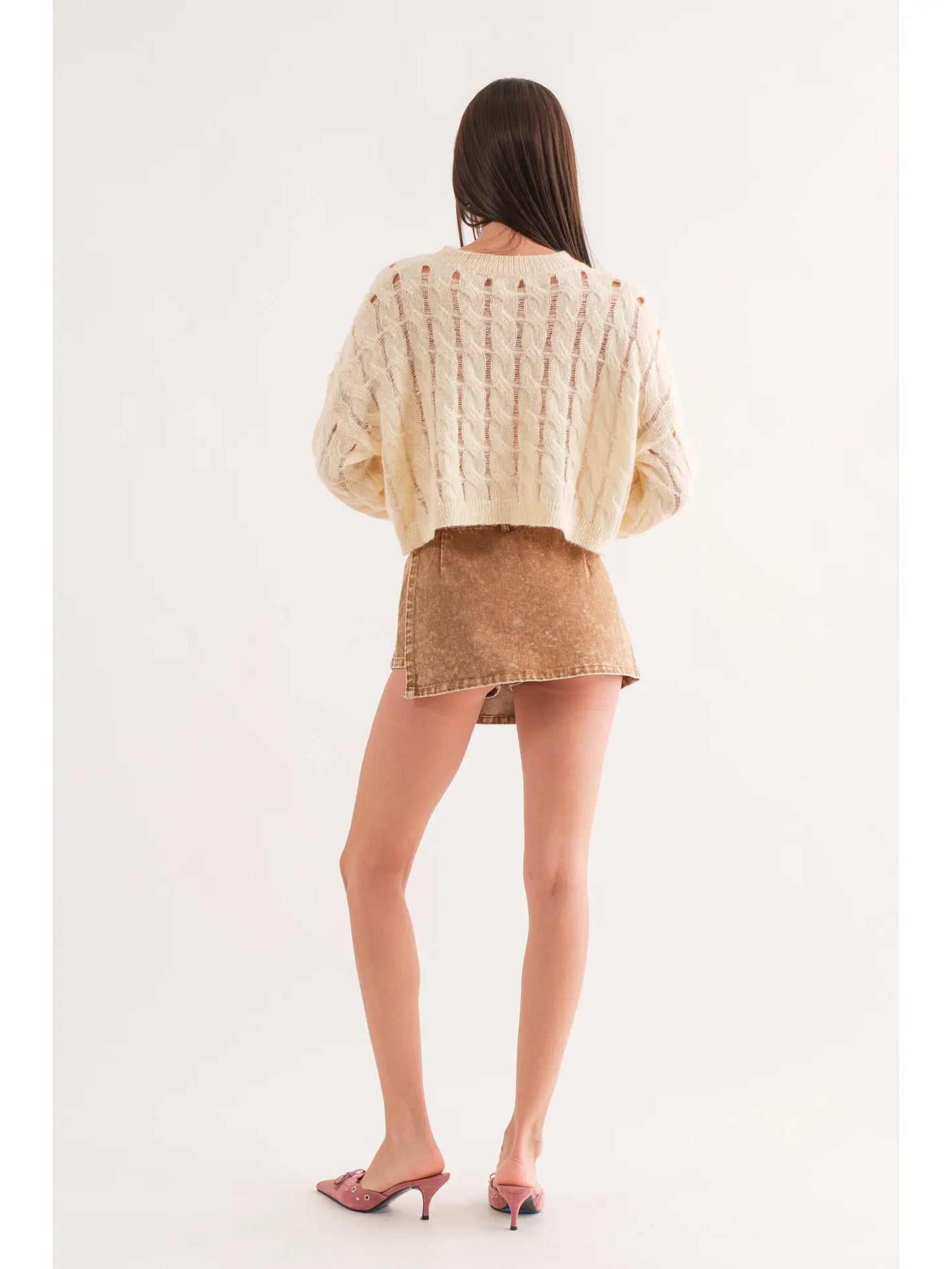 Adrian Cropped Cable Knit Sweater- Ivory