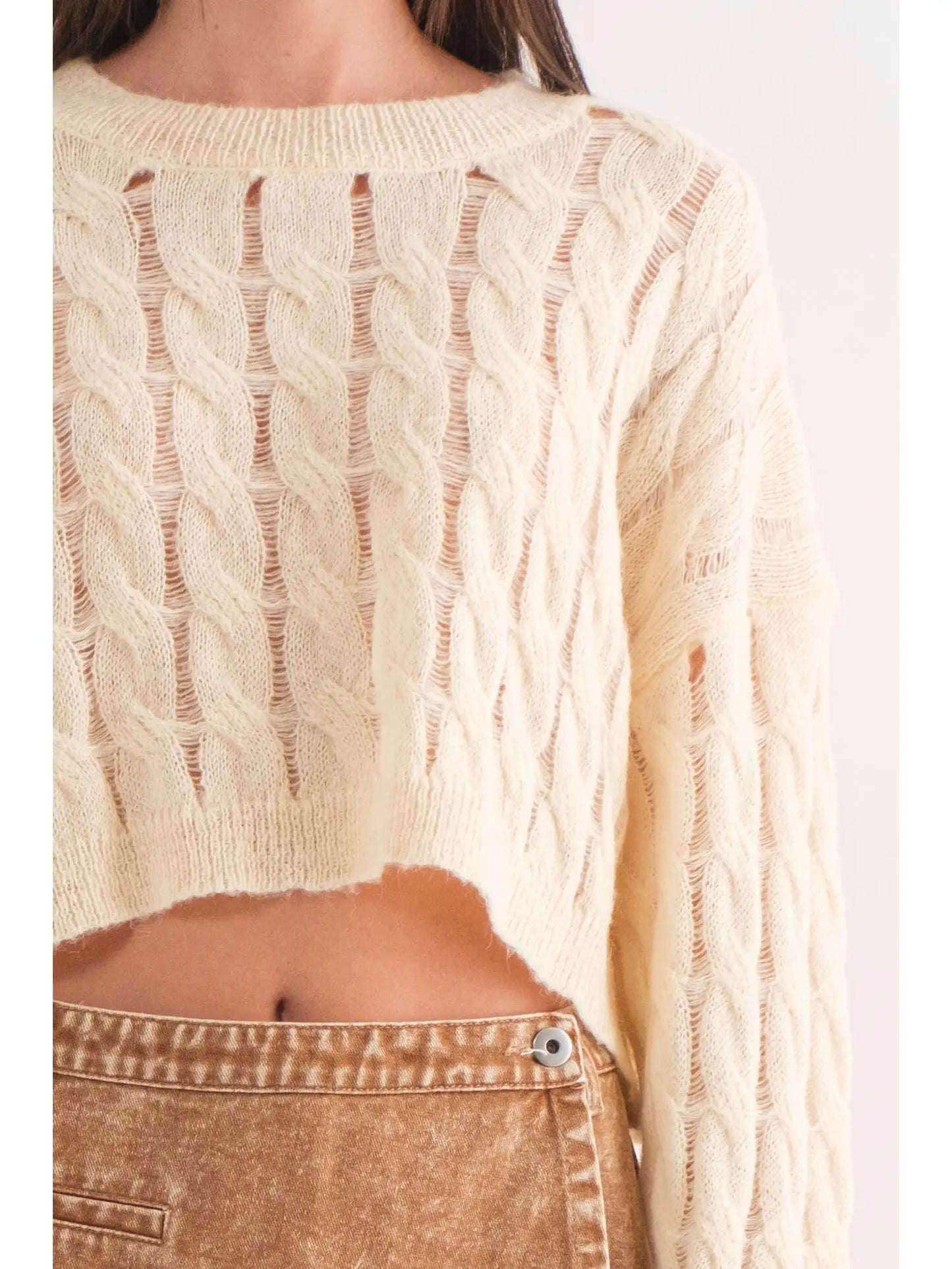 Adrian Cropped Cable Knit Sweater- Ivory