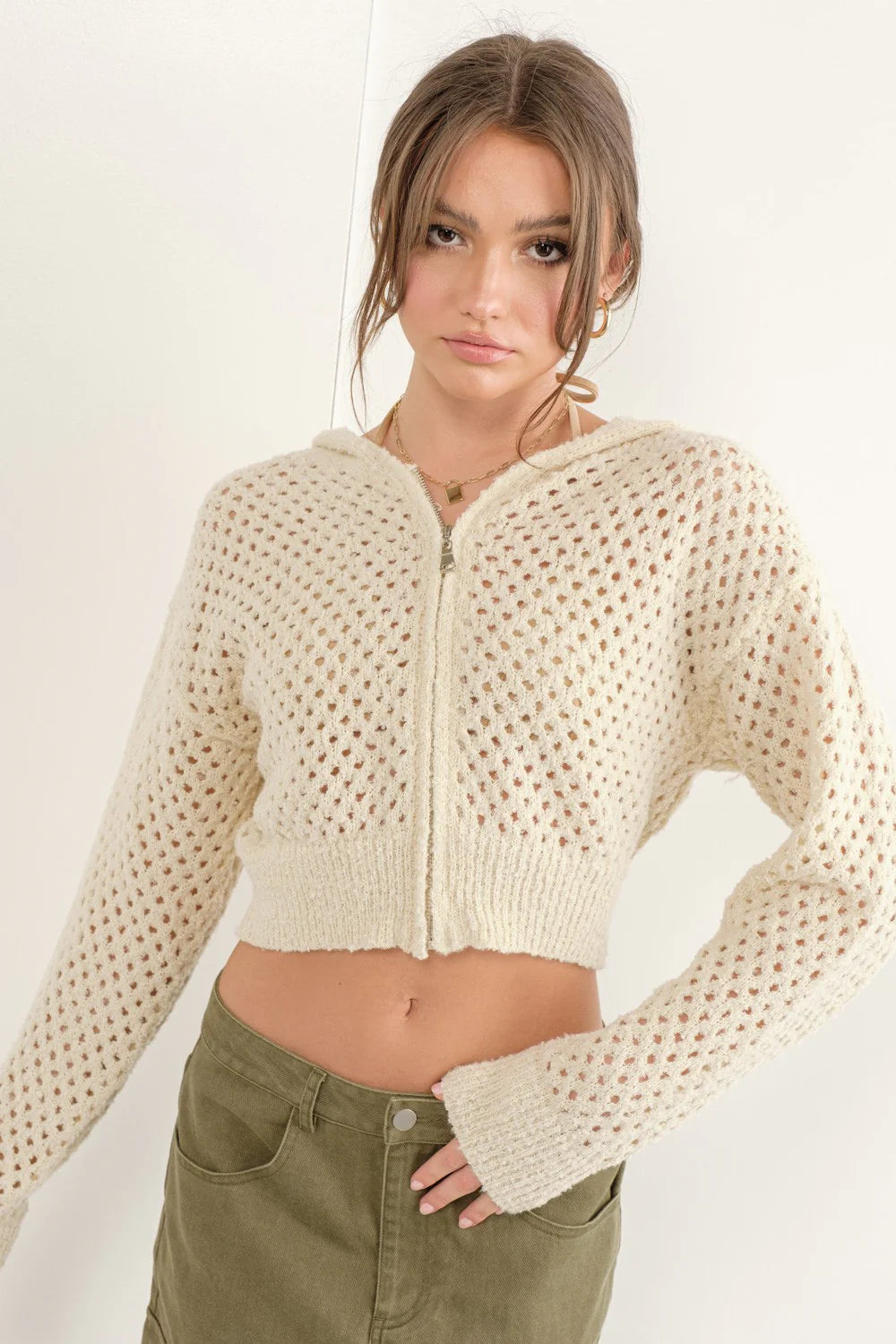 Boucle Open Knit Zip Up Hoodie