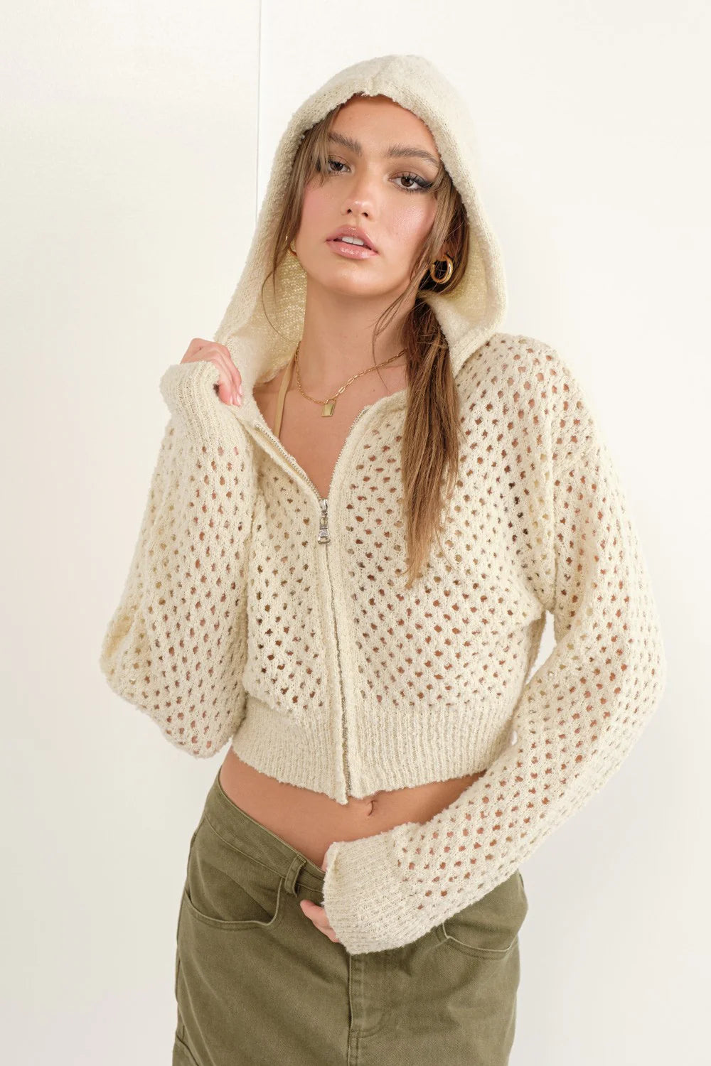 Boucle Open Knit Zip Up Hoodie