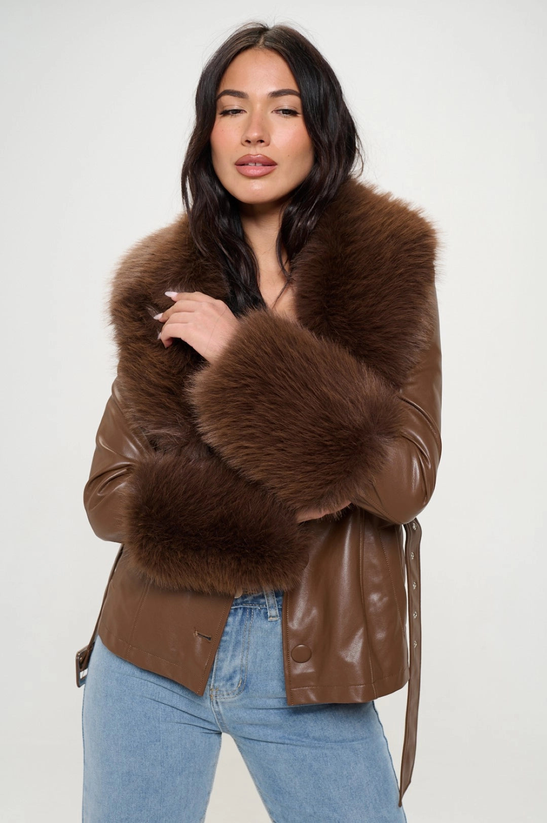 Short Faux Leather Coat with Detachable Fur
