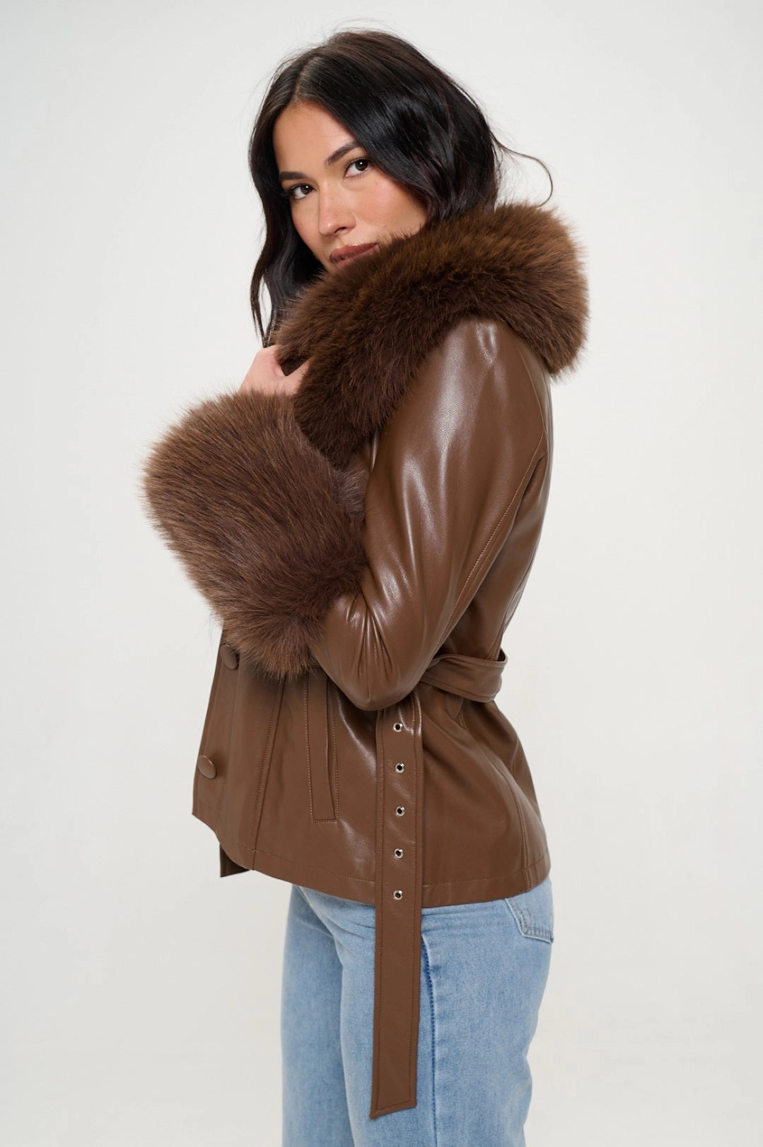 Short Faux Leather Coat with Detachable Fur