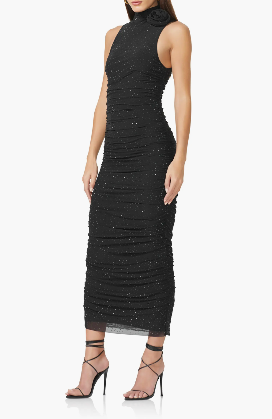 Fiorella Embellished Rosette Mesh Body-Con Dress