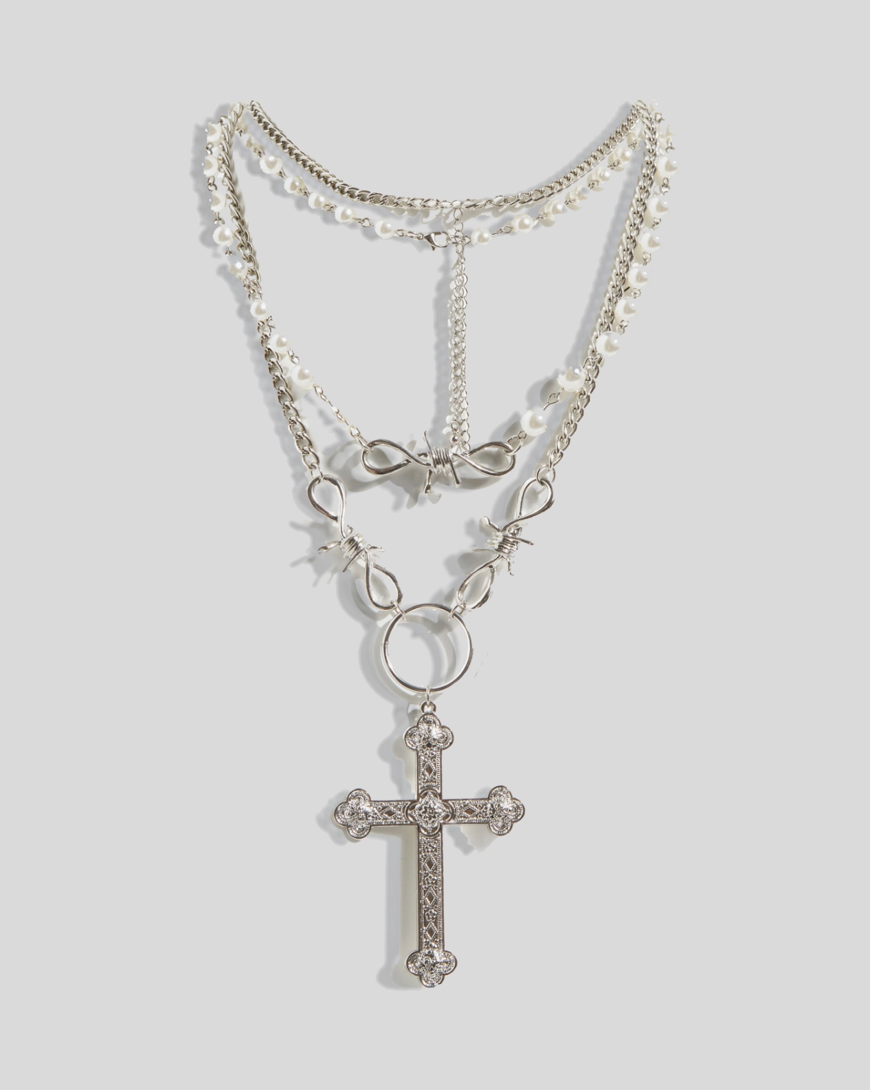 Hedonist Barbed Wire Stack Necklace with Pearls and Cross in Silver
