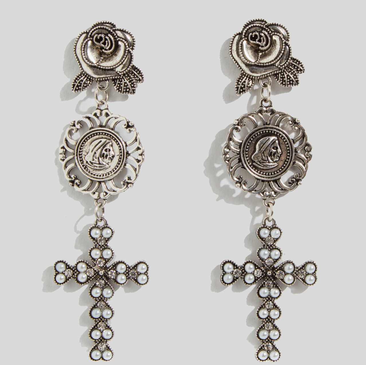 Cross Drop Earrings with Rose Design in Silver