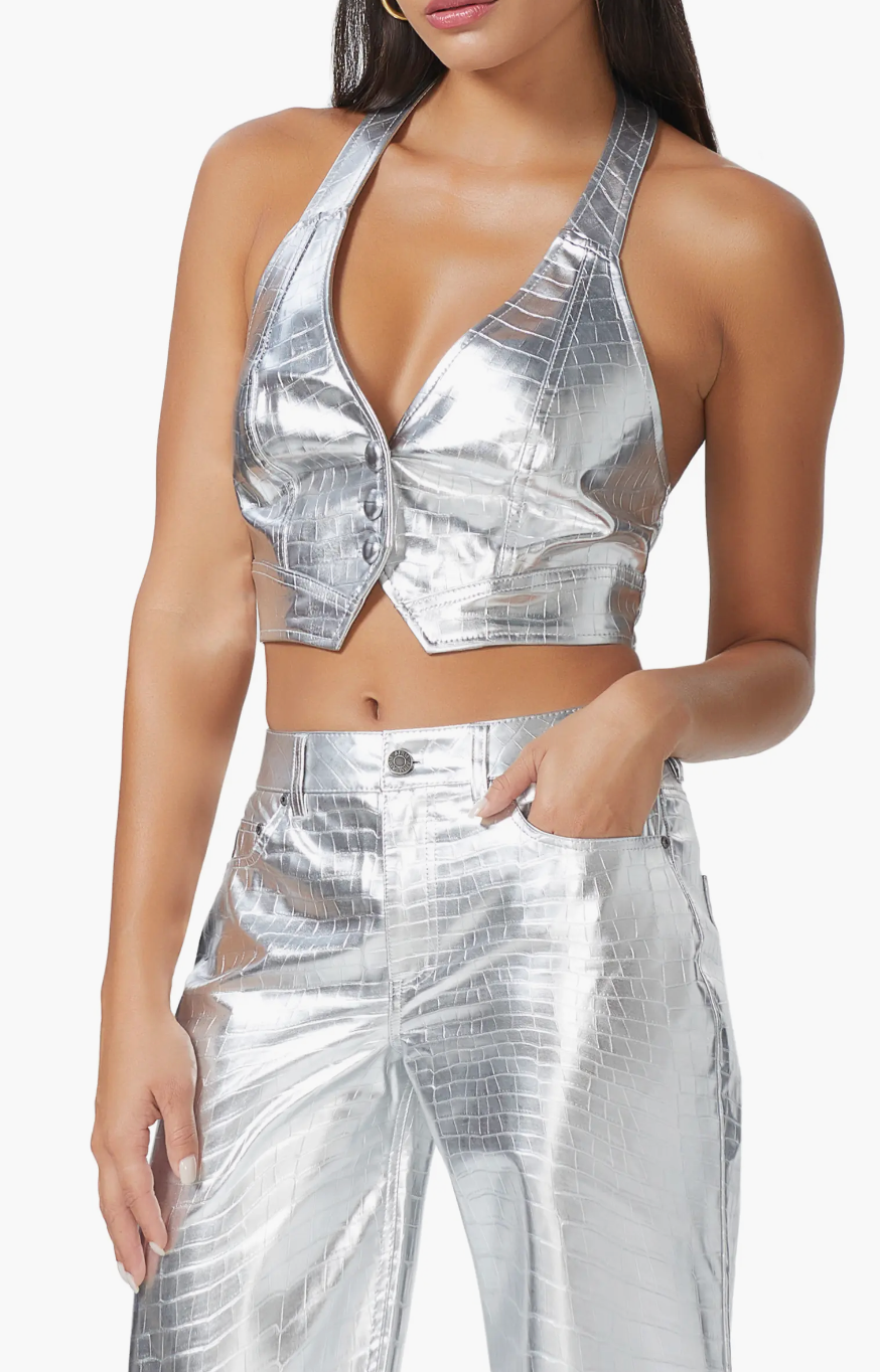 Harlan Croc Embossed Metallic Crop Faux Leather Halter Top