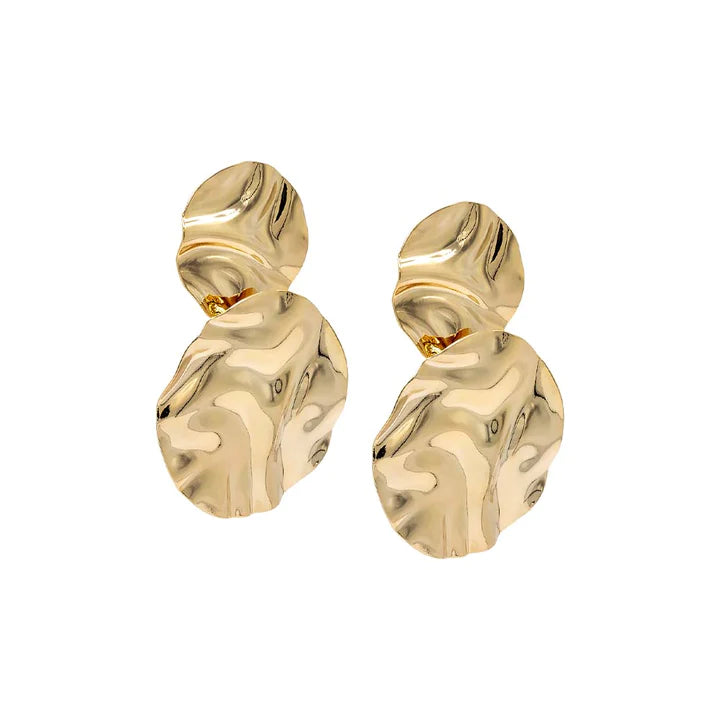 Gold Chunky Fluid Double Disc Drop Stud Earring