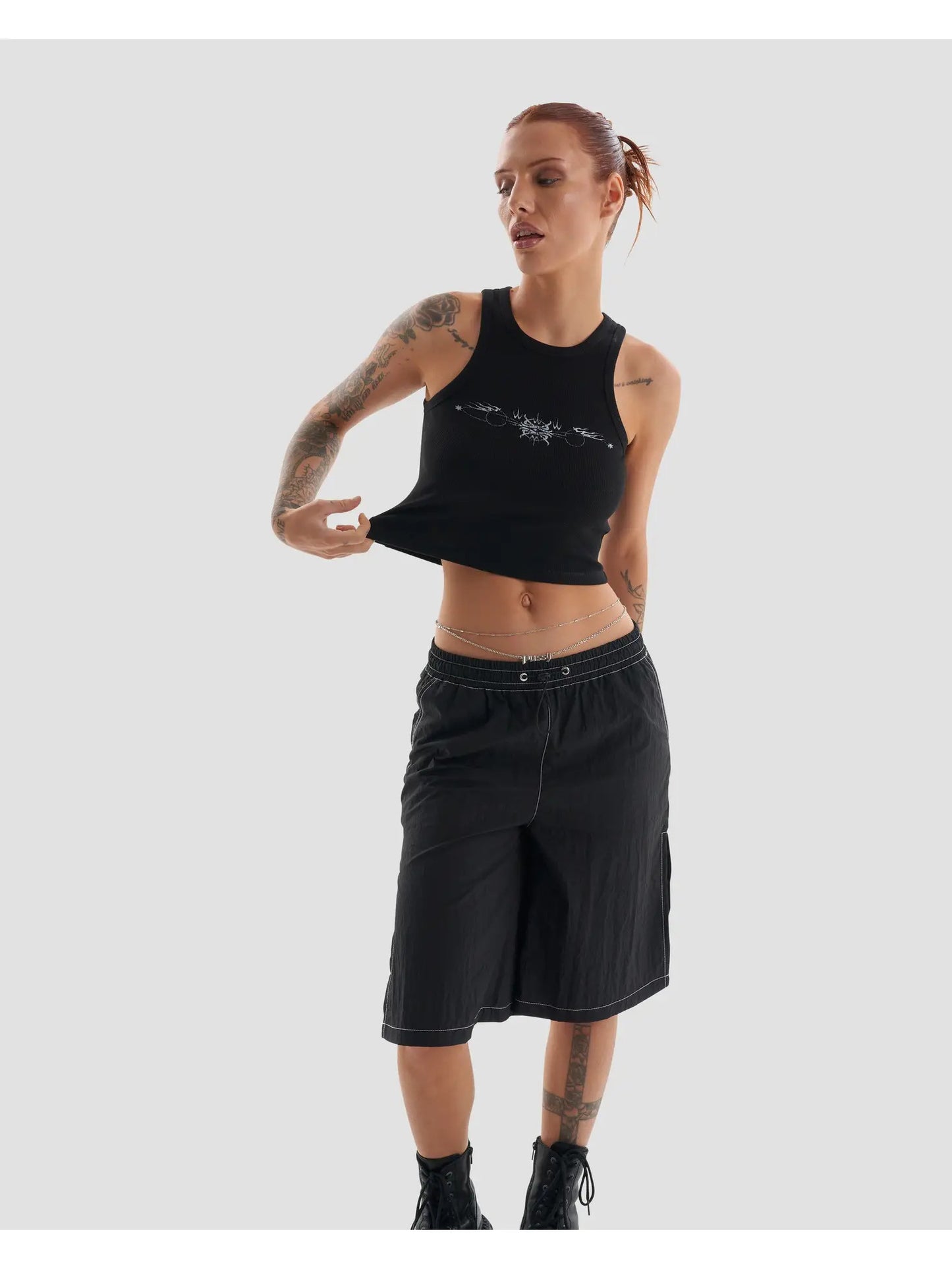 Play Harder Crop Tank Top with Tattoo Graphic in Black
