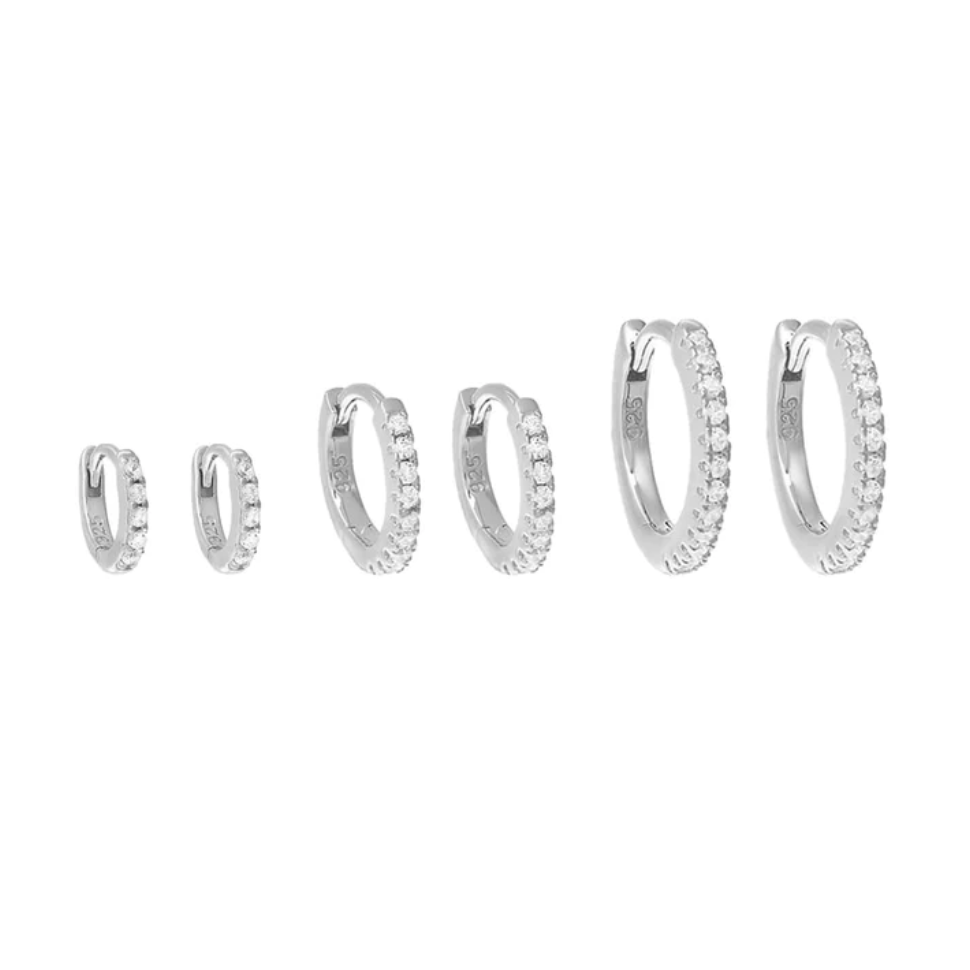 Triple Pavé Huggie Set- Silver