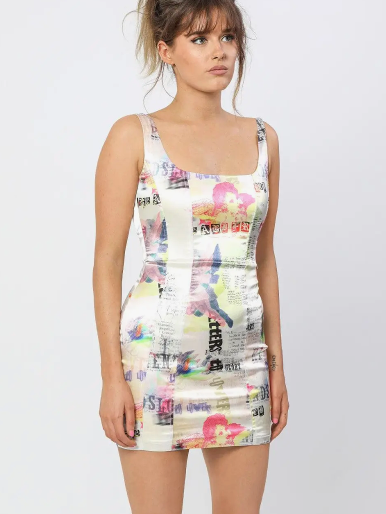 Cherub Print Satin Corset Mini Dress