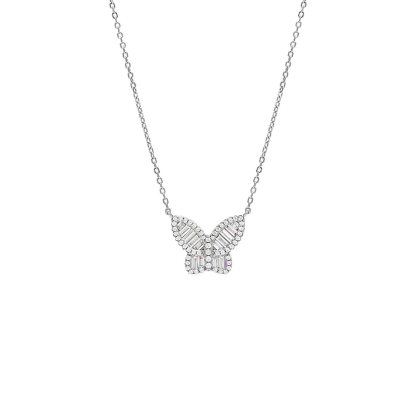Small Pave X Baguette Butterfly Necklace