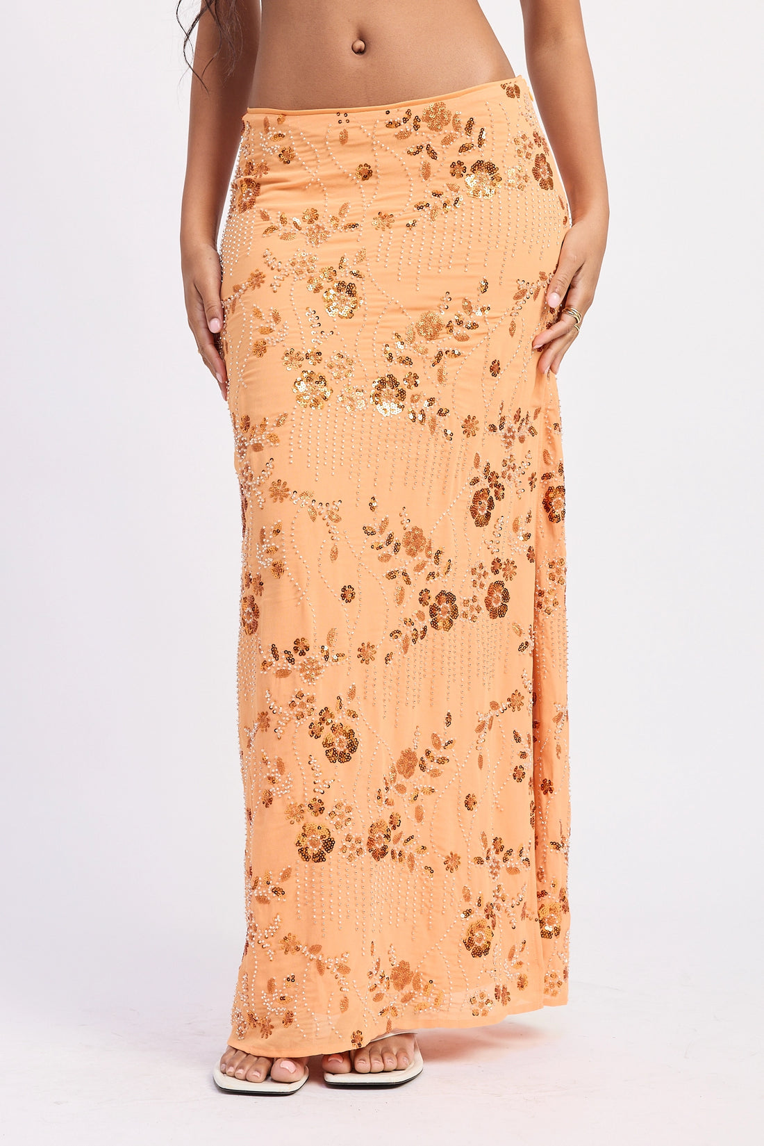 Low Waist Beaded Maxi Skirt with Slit