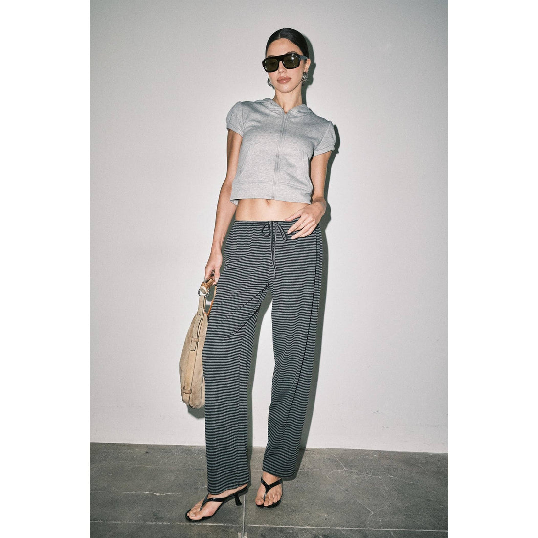 Lucienne Jersey Knit Striped Drawstring Wide Leg Pants: GRAY STRIPE / S-M-L(3-2-1)