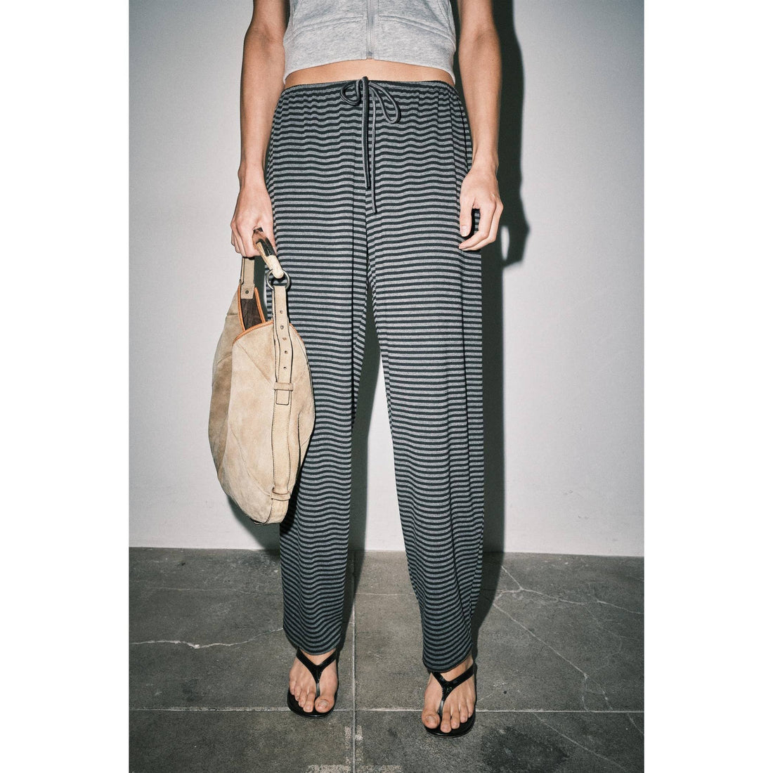 Lucienne Jersey Knit Striped Drawstring Wide Leg Pants: GRAY STRIPE / S-M-L(3-2-1)