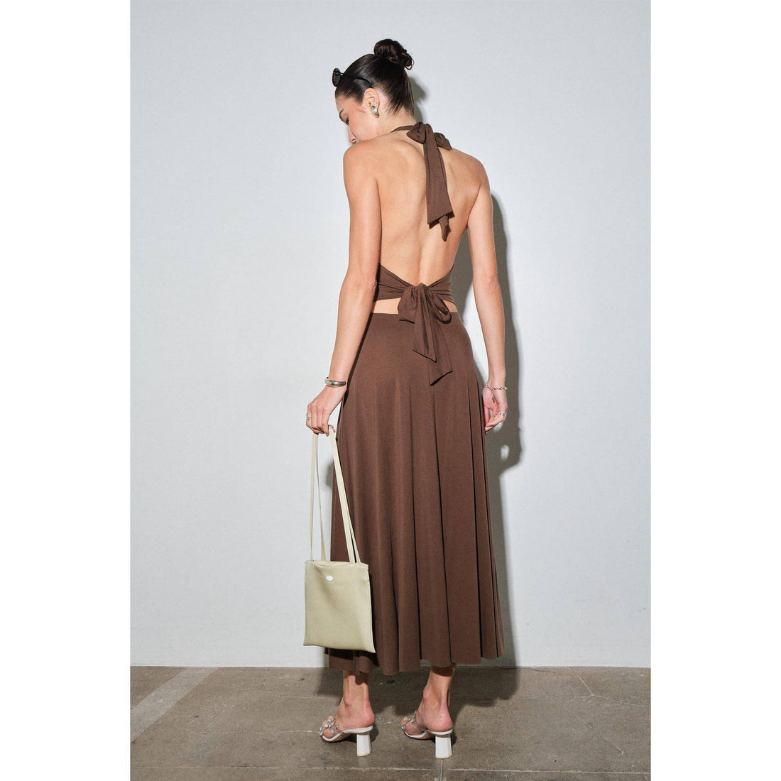 Mila Jersey Plunge Halter Ruched Waist MaxiDress: BROWN / S-M-L(3-2-1)