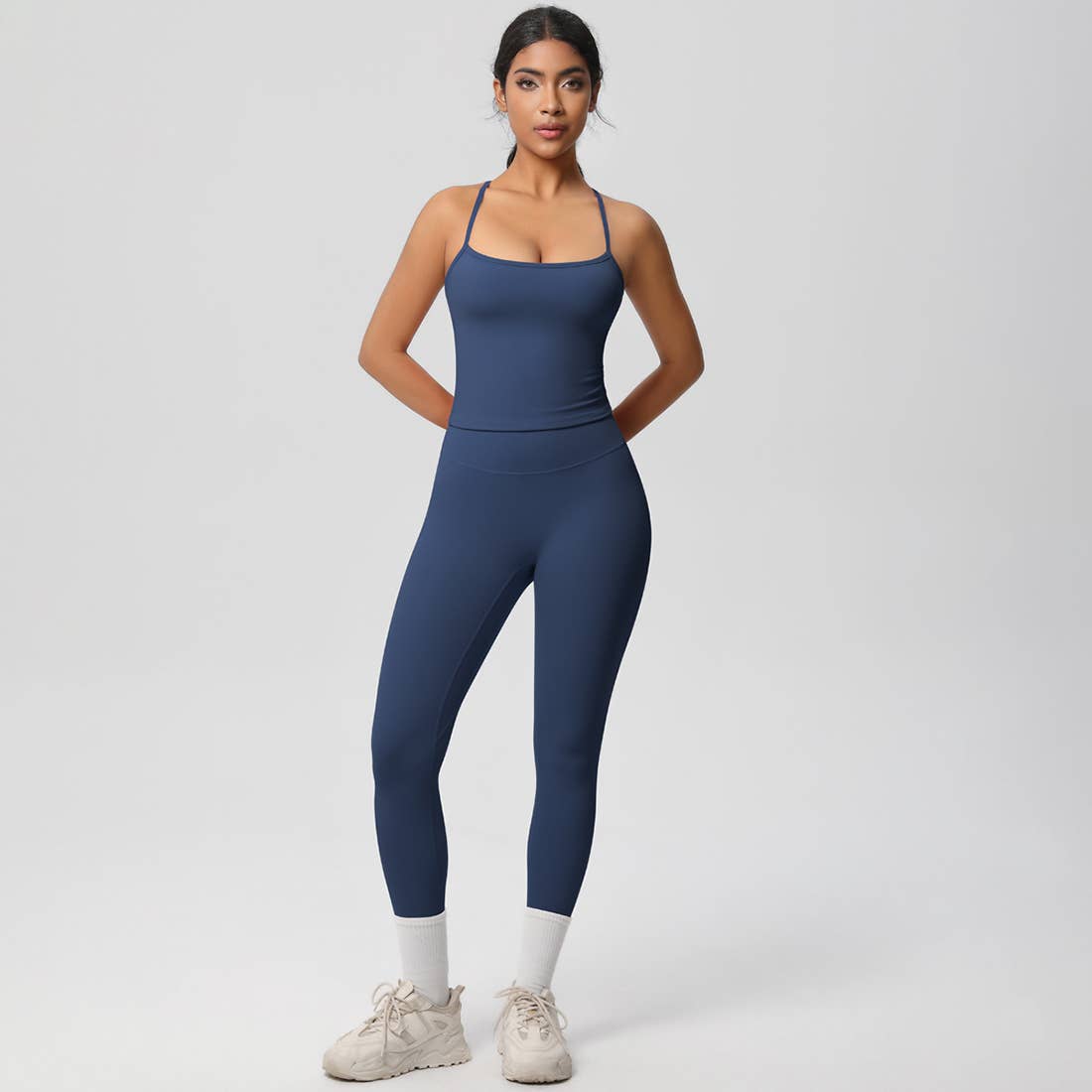 Women Tight Workout Set: Sports Bra + High Waisted Leggings: Dark Brown