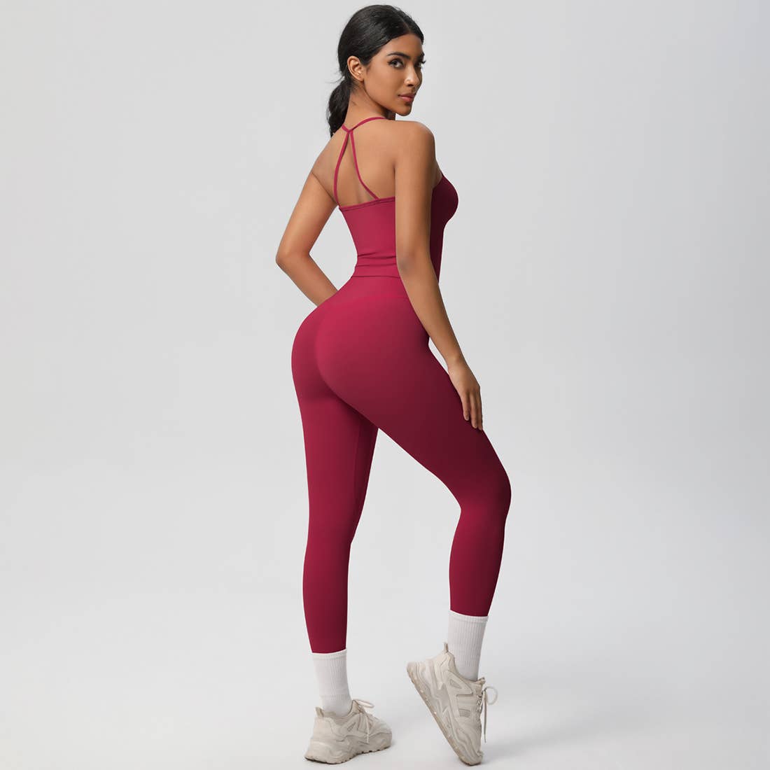 Women Tight Workout Set: Sports Bra + High Waisted Leggings: Dark Gray