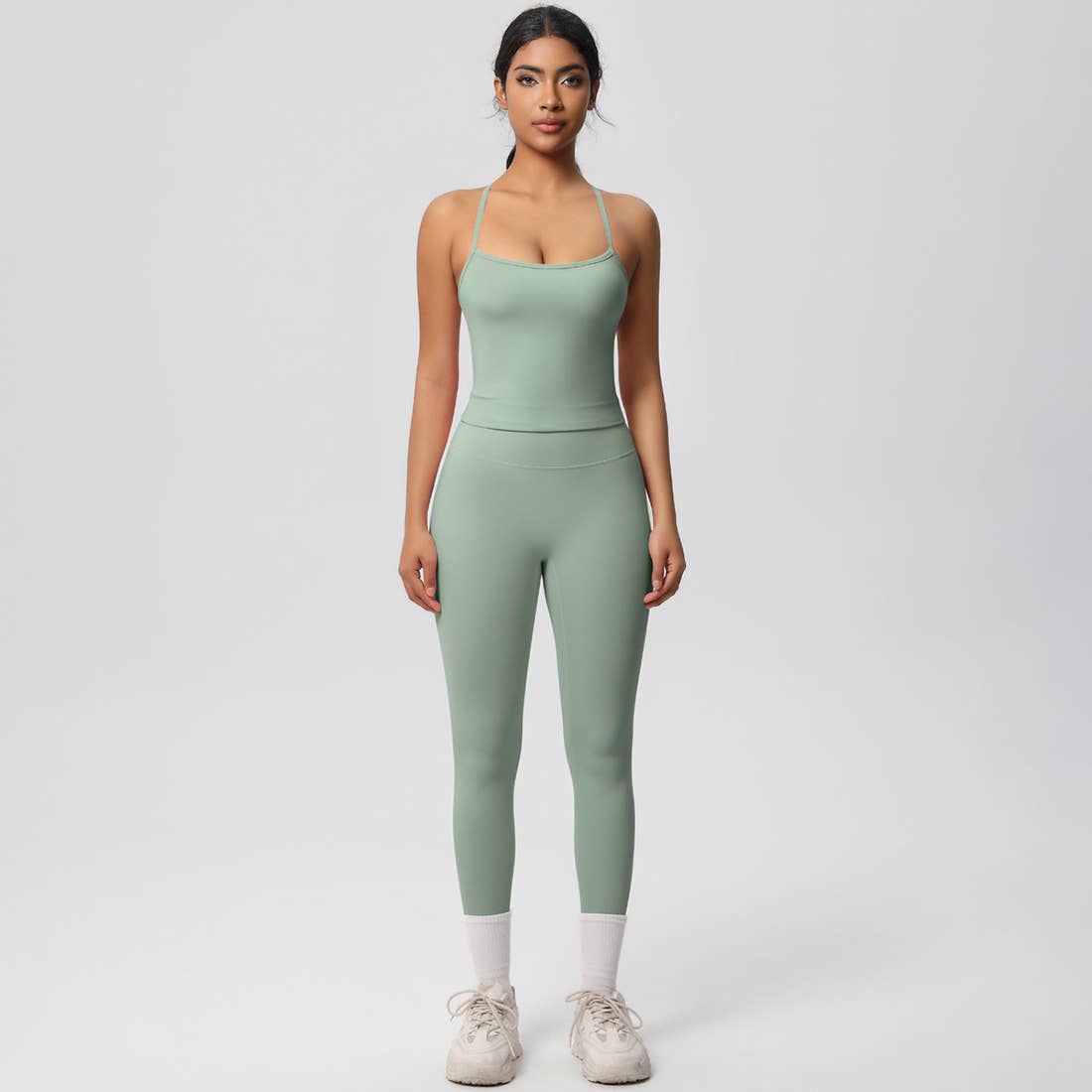 Women Tight Workout Set: Sports Bra + High Waisted Leggings: Dark Gray