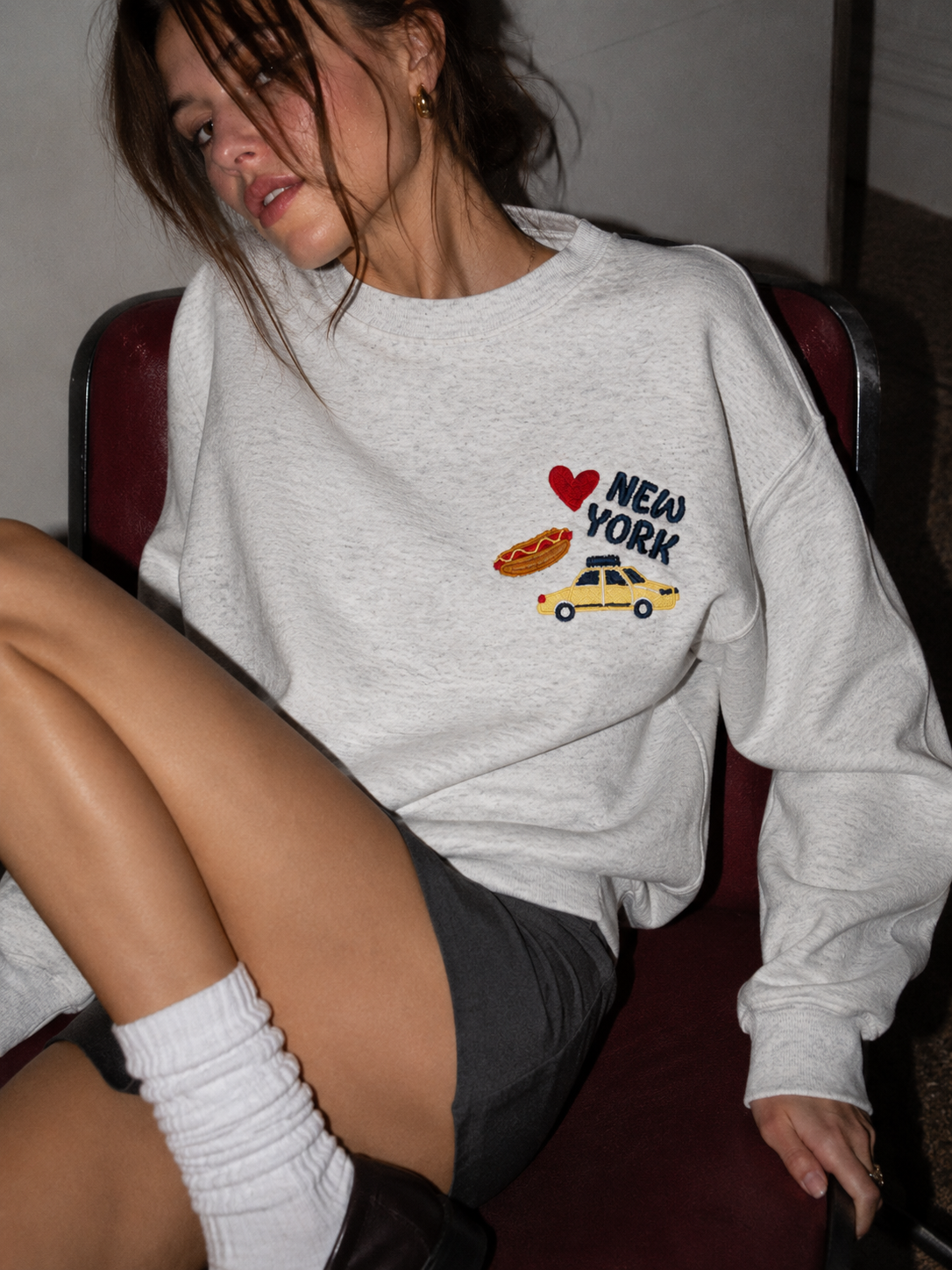 New York Taxi Embroidered Grey Sweatshirt: ASH GREY / OVERSIZED / LXL
