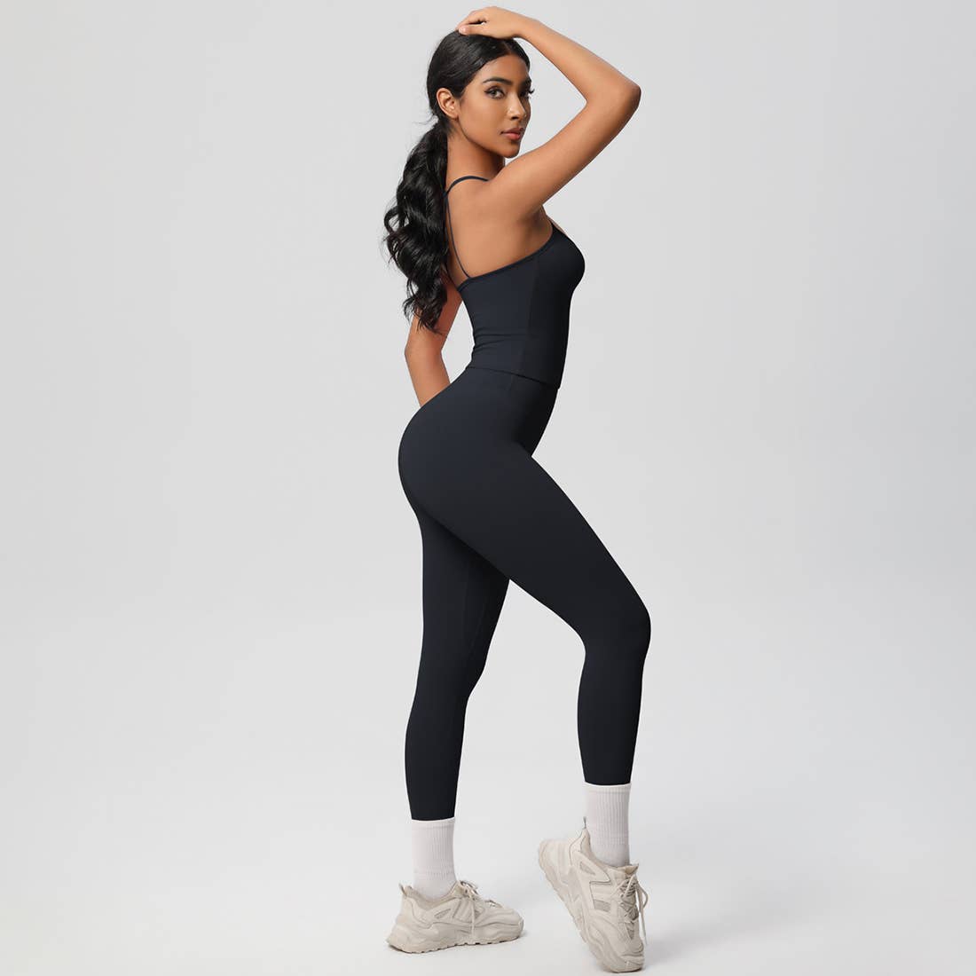Women Tight Workout Set: Sports Bra + High Waisted Leggings: Dark Brown