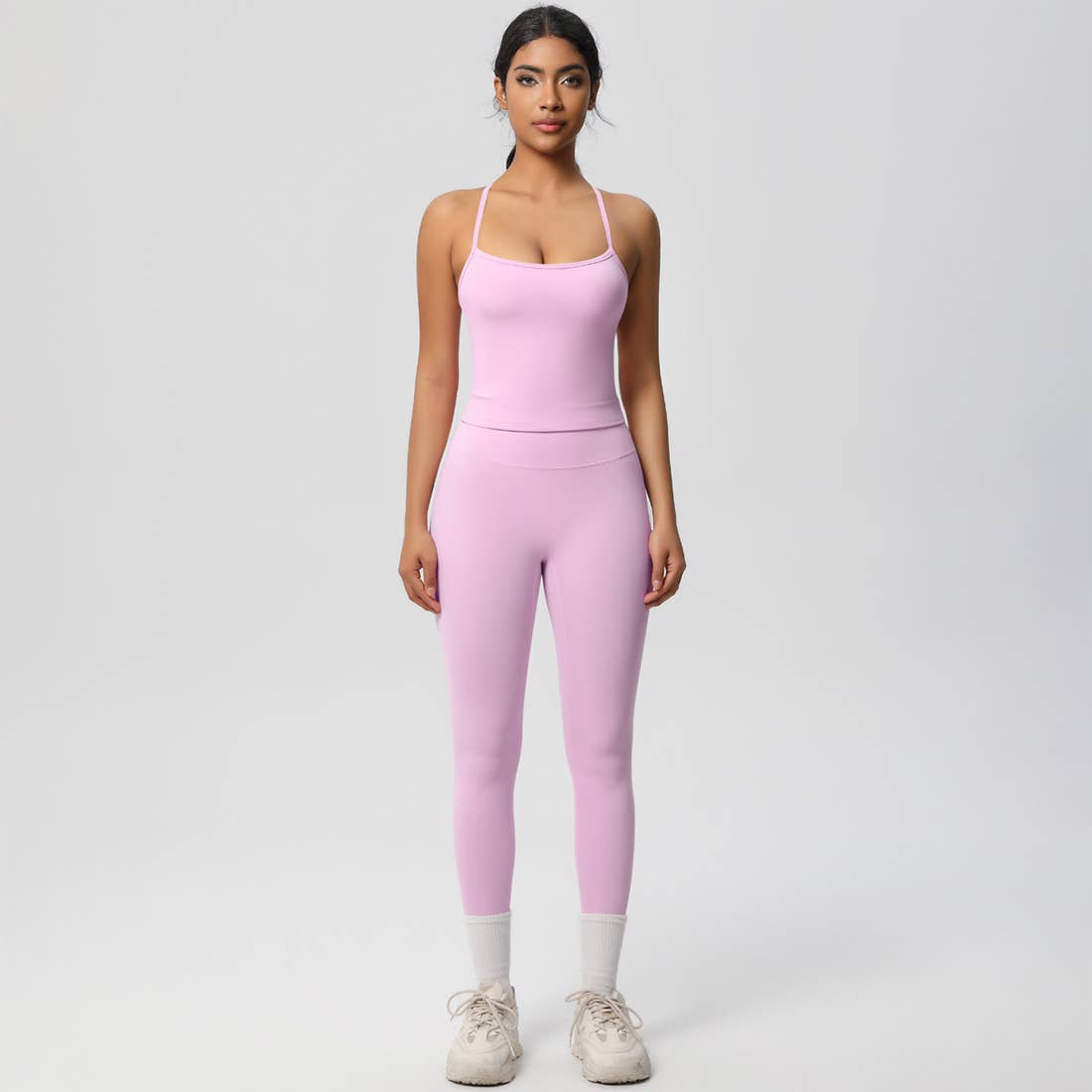 Women Tight Workout Set: Sports Bra + High Waisted Leggings: Dark Brown