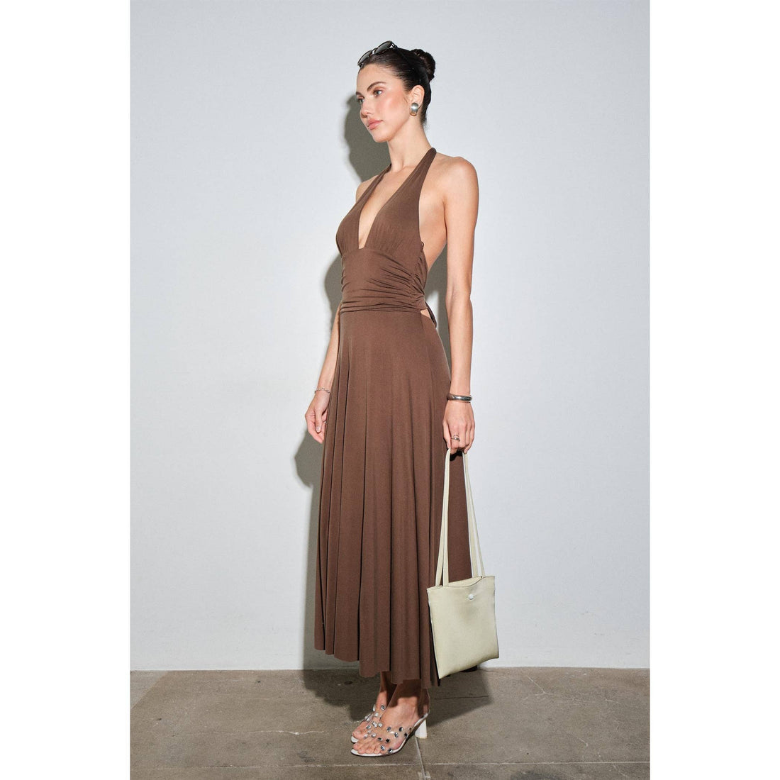 Mila Jersey Plunge Halter Ruched Waist MaxiDress: BROWN / S-M-L(3-2-1)