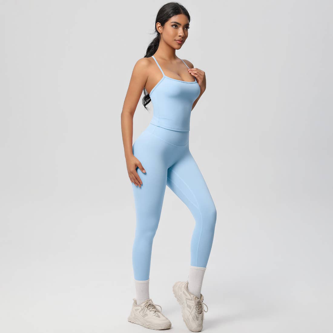 Women Tight Workout Set: Sports Bra + High Waisted Leggings: Dark Gray