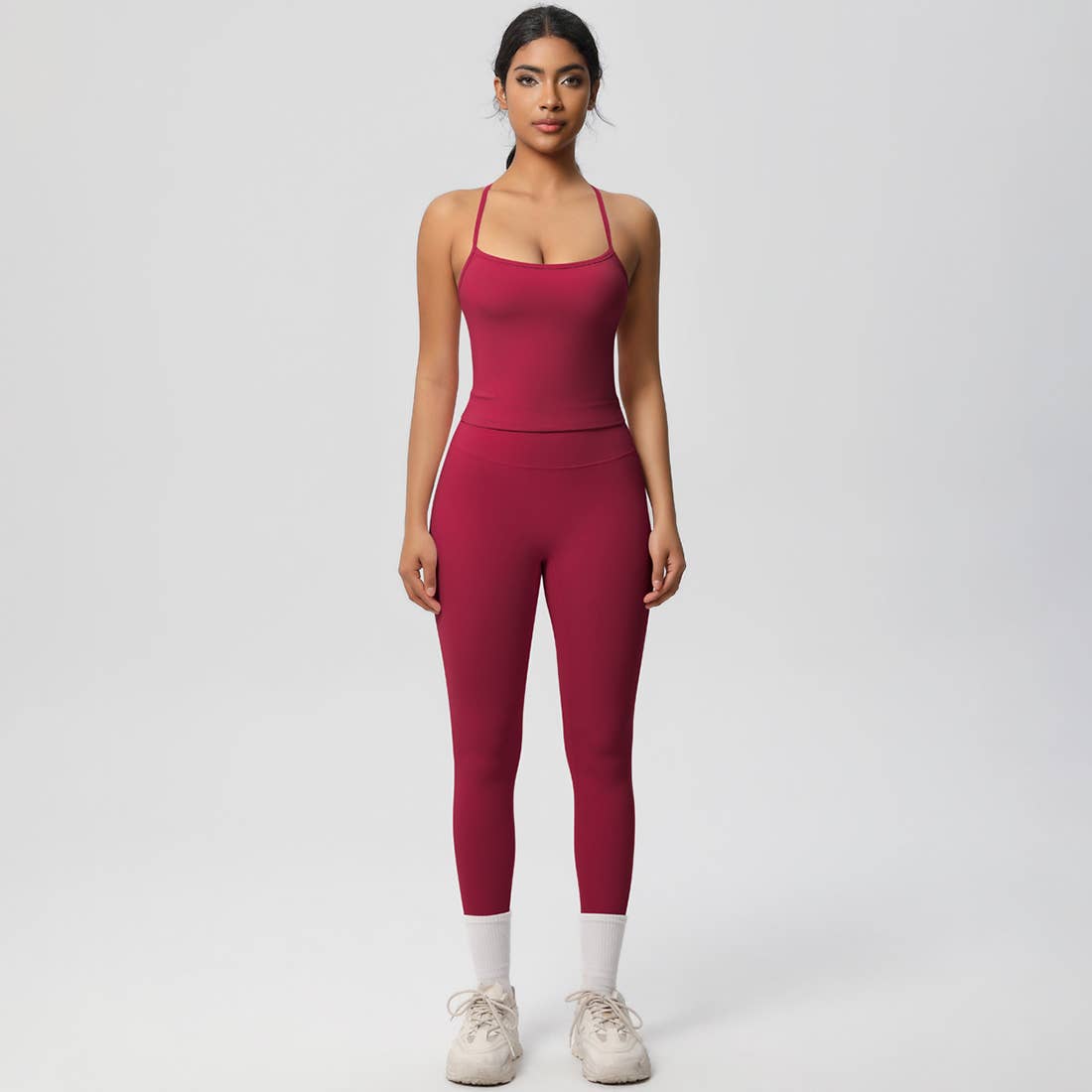 Women Tight Workout Set: Sports Bra + High Waisted Leggings: Dark Gray