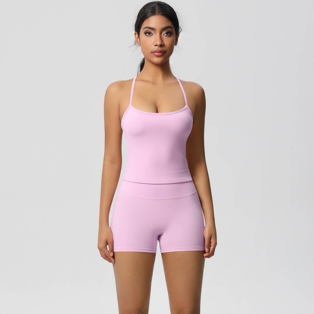 Women Workout Set: Quick Dry Sports Bra + High Waist Shorts: Dark Brown