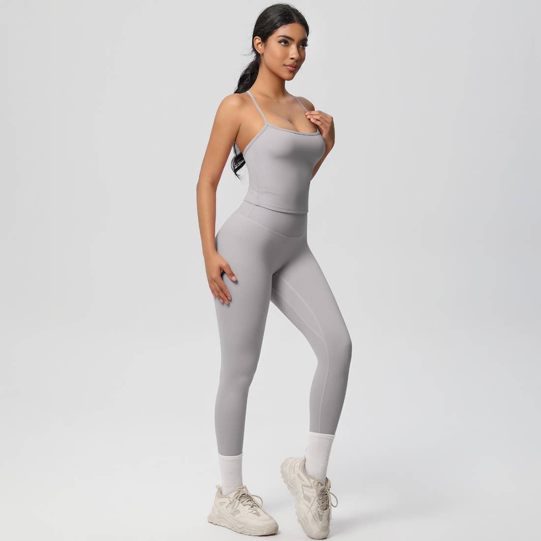 Women Tight Workout Set: Sports Bra + High Waisted Leggings: Dark Gray