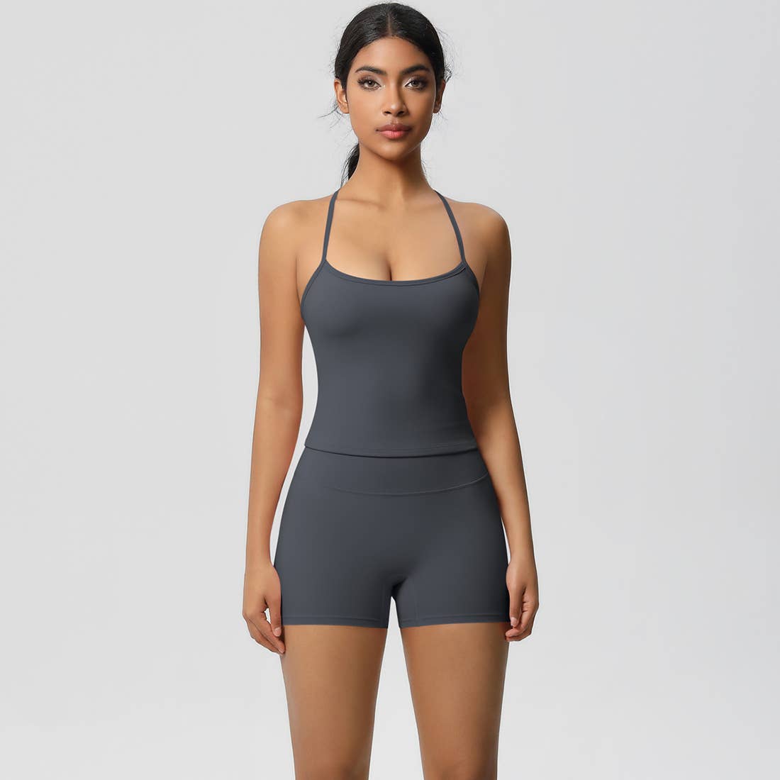 Women Workout Set: Quick Dry Sports Bra + High Waist Shorts: Black