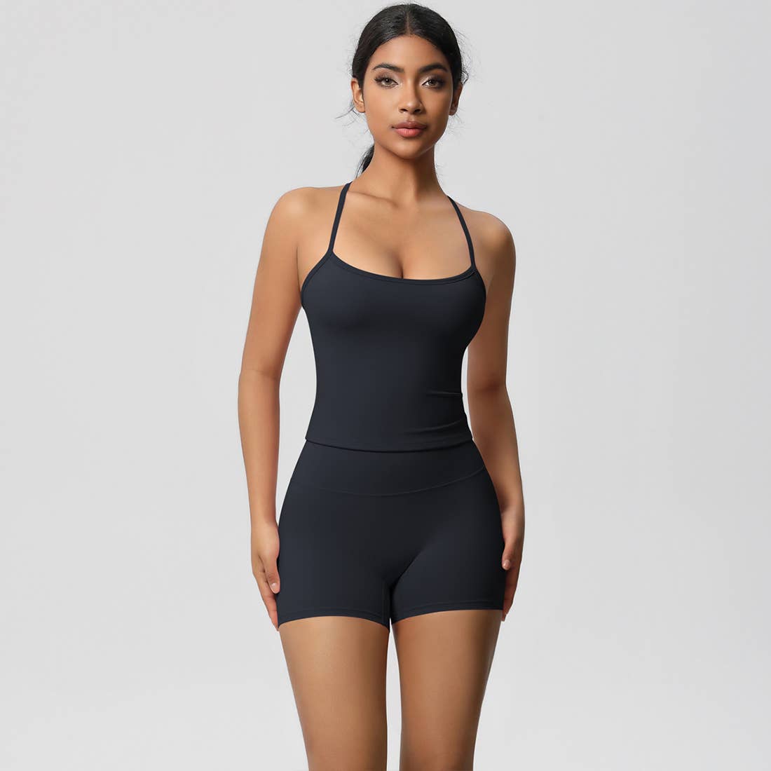Women Workout Set: Quick Dry Sports Bra + High Waist Shorts: Dark Brown