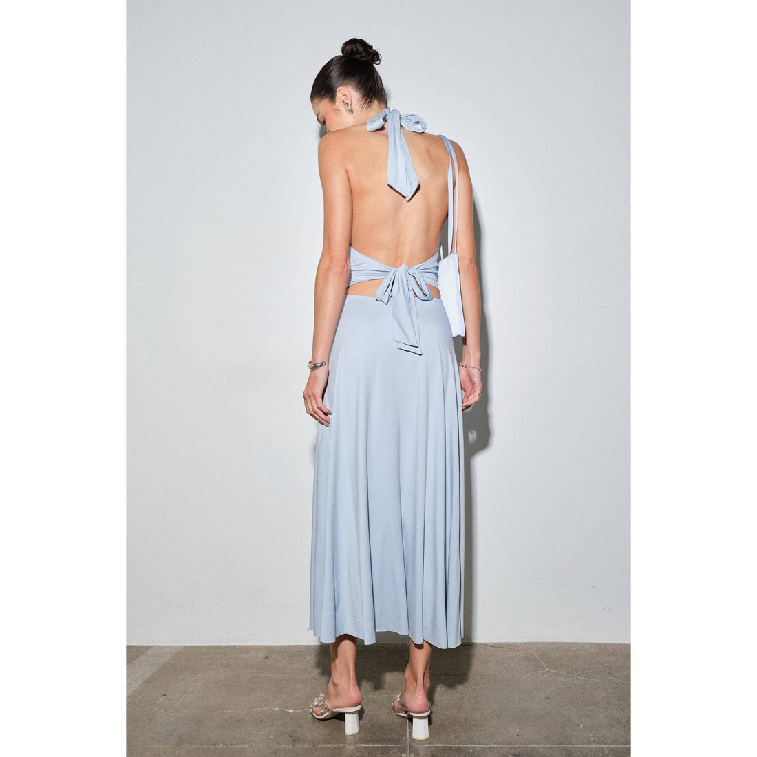 Mila Jersey Plunge Halter Ruched Waist MaxiDress: BROWN / S-M-L(3-2-1)