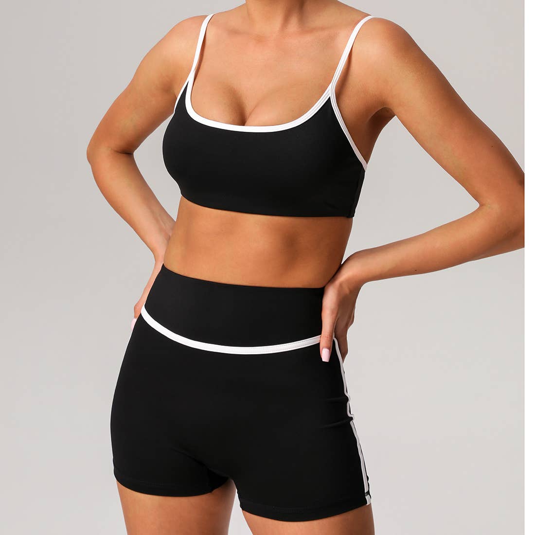 Women Color Block Sport Bra Fitness Shorts 2 Pcs Yoga Set: Blue