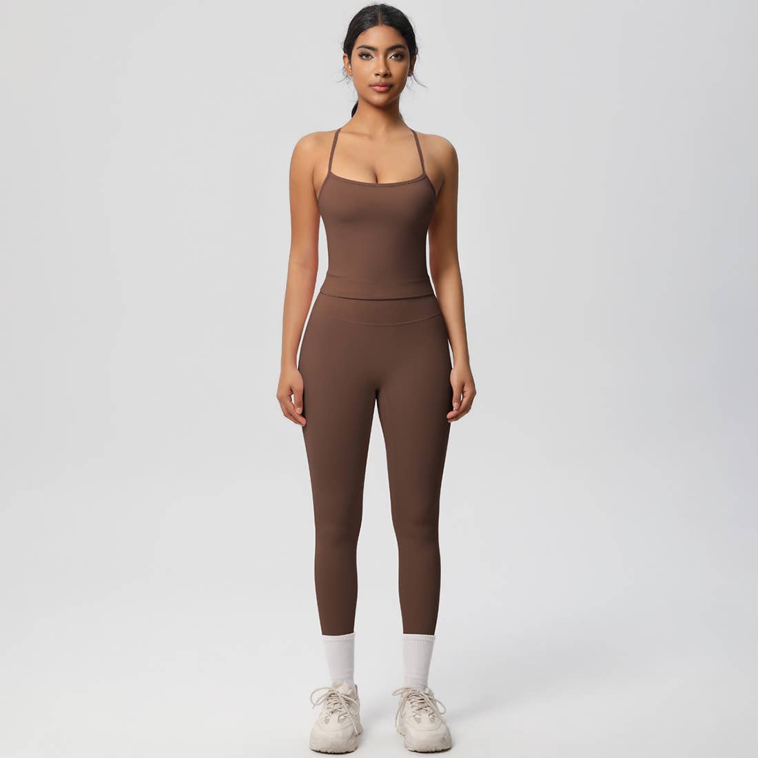 Women Tight Workout Set: Sports Bra + High Waisted Leggings: Dark Gray