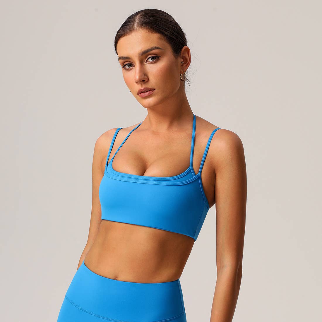 Women High Elastic Thin Strap Halter Neck Fitness Sports Bra: Black