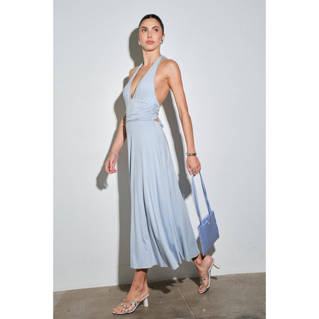 Mila Jersey Plunge Halter Ruched Waist MaxiDress: BROWN / S-M-L(3-2-1)