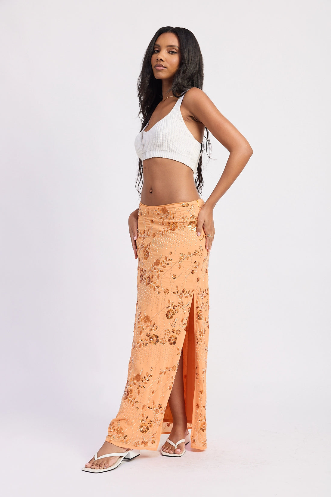 Low Waist Beaded Maxi Skirt with Slit