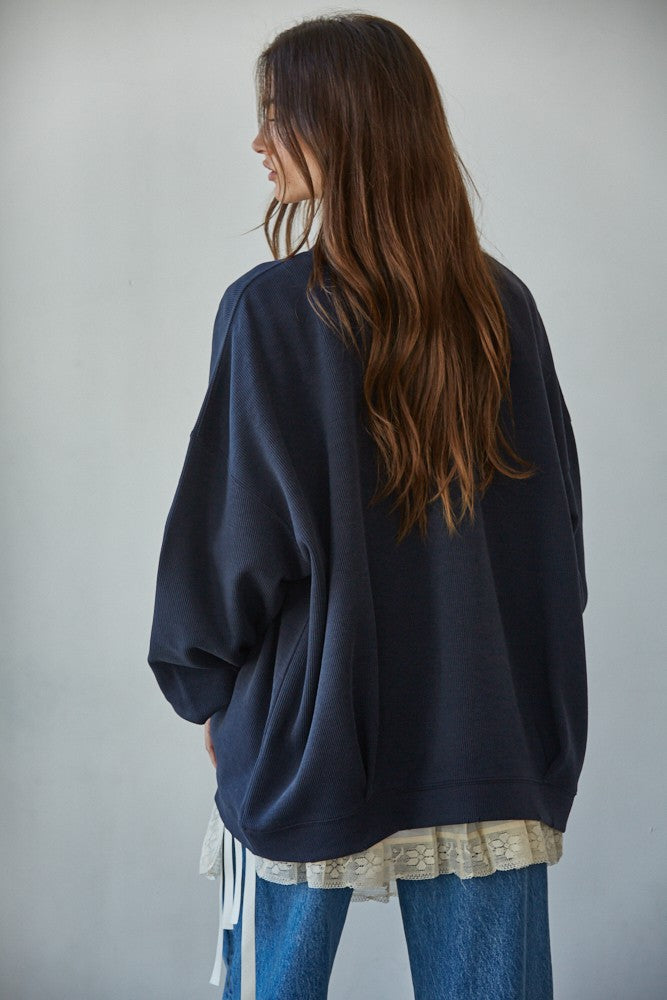 Knit Ribbed Crew Neck Long Sleeve Sweatshirt