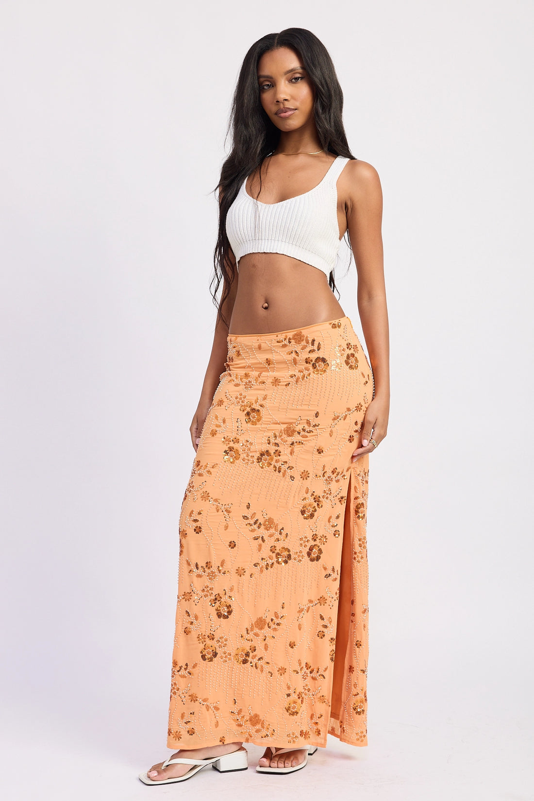 Low Waist Beaded Maxi Skirt with Slit