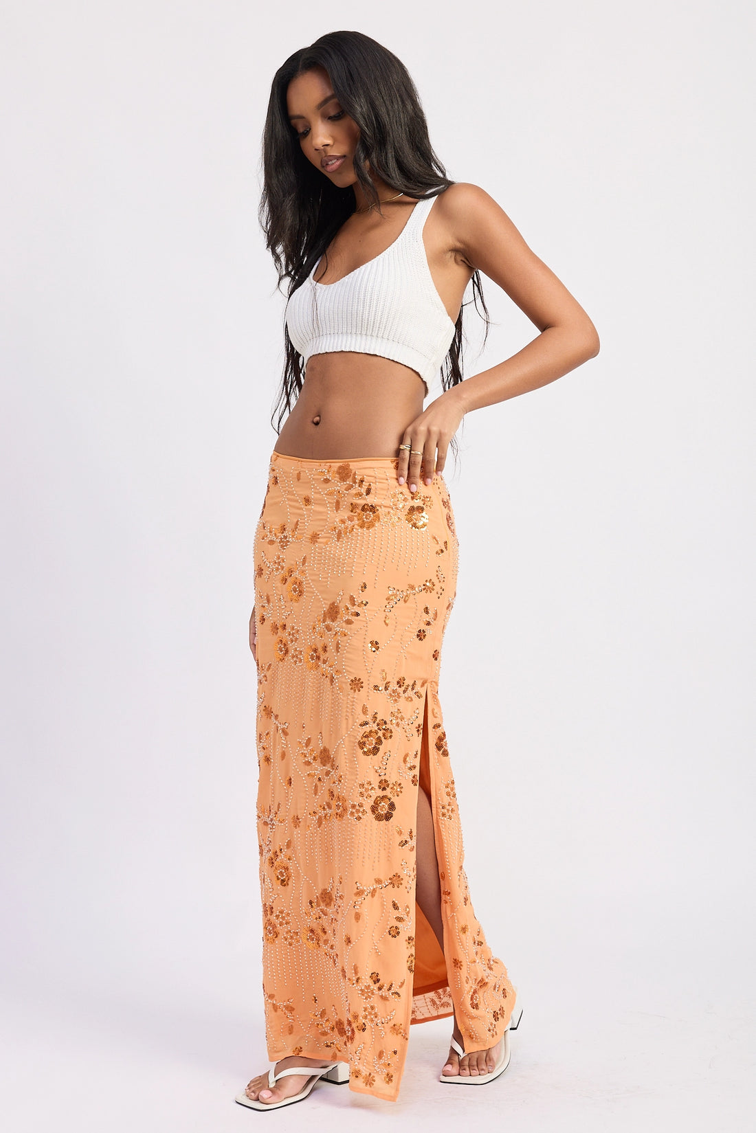 Low Waist Beaded Maxi Skirt with Slit