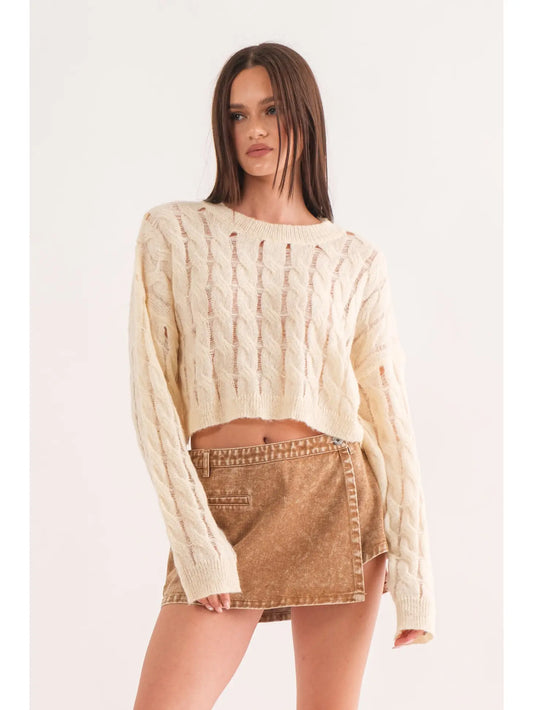 Adrian Cropped Cable Knit Sweater- Ivory